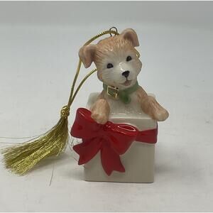 Lenox American By Design Christmas Ornament Blonde Dog Present Gift Red Bow